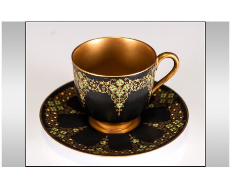 Royal Worcester Very Fine Hand Decorated Miniature Cup and Saucer, Matt Black with Raised Gilt and Turquoise Enamel Decoratio