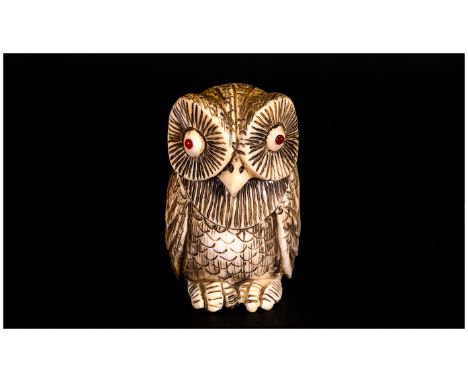 Japanese - Finely Carved 19th Century Signed Ivory Netsuke, In The Form of an ' Owl with Red Eyes '. Signed to Lower Back. He