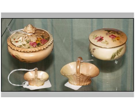 Royal Worcester Hand Painted Blush Ivory Lidded Trinket Jars ( 2 ) In Total. + Two Blush Ivory Baskets, with Weave Decoration