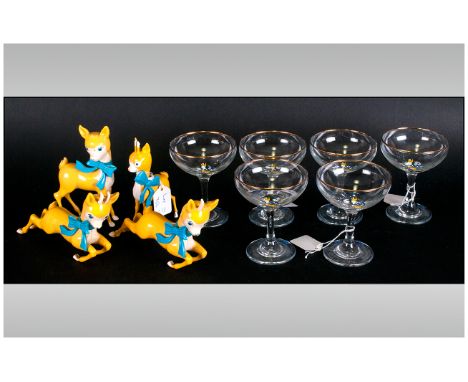 Vintage Set Of Six Babycham Glasses complete with 4 babycham Bambi figures and corkscrew. Excellent condition.