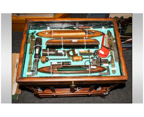 Collection Of Cased Vintage Haberdashery Tools With spinning bobbins, chisels, yarn weights, hand knotters, and various other