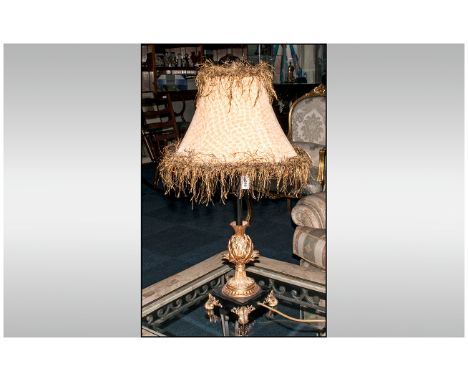 Reproduction Gilt Metal Lamp & Shade, the lamp designed with a pineapple theme. On a black base with gilt rococo feet. The sh
