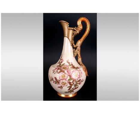 Royal Worcester Fine Hand Painted Floral on Ivory Jug / Ewer with Mythical Serpent Handle. c.1880's. Height 13.25 Inches. Min