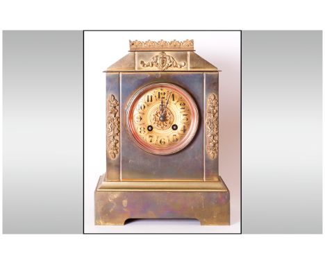 Japy Freres French Gilt Brass Mantle Clock of Square Form, with a Turret Shaped Top with Fretwork Edging, Round Enameled Numb