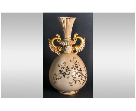 Royal Worcester Hand Painted Fine Blush Ivory and Gilt Two Handled Vase, with Fluted Neck and Fish Handles, Central Mask. Dat