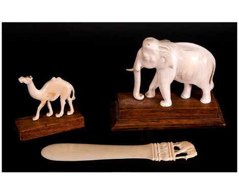 Vintage Ivory Elephant Figure on Stand. 3.75 Inches High + Ivory Camel Figure on Stand, 2.75 Inches High, and an Elephant Fig