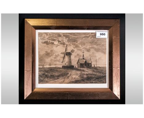 Local Preston Artist. Edward Beattie A Pen and Ink Drawing of Lytham Windmill and Light Boat House. Monogrammed E B