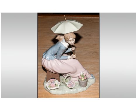 Nao by Lladro Figure ' Young Girl Seated With Parasol Flowers to Feet ' Height 9 Inches. Mint Condition. 