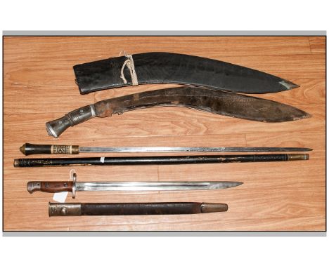 Indian Made Sword Stick. Together with a large Indian made Kukra, English Bayonet and Scabbard.