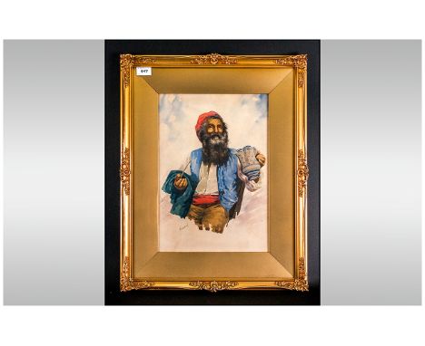 Gianni Late 19th Century Italian Artist, Subject - Old Bearded Man with Pipe, Watercolour, Signed. 16 x 12 Inches. Mounted an