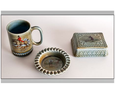 Wade Irish Porcelain 1950's Shooting Scene Lidded Trinket Box. 5 Inches Wide. + a Fox Hunting Scene Tankard. 4.25 Inches High