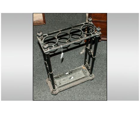 Victorian Cast Iron - Umbrella Stick Stand with 4 Apertures and Removable Drip Tray. c.1880. Height 25.25 Inches, Depth 7.25 