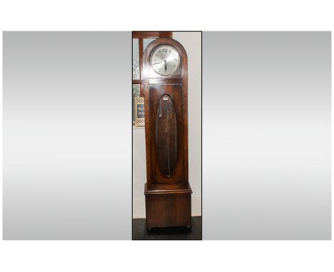 1930's Art Deco Longcase Clock, silvered dial with Arabic numerals, glazed front, triple chrome weighted. Westminster Chime. 