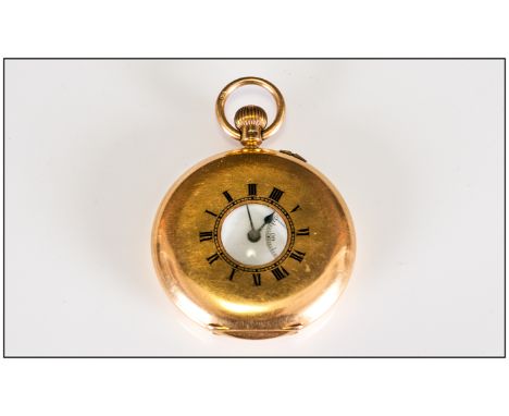 18ct Gold Demi Hunter Pocket Watch, White Enamelled Dial With Roman Numerals And Subsidiary Seconds, 57mm Fully Hallmarked Ca