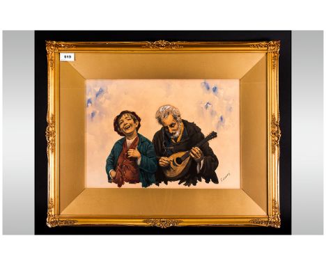 Gianni Late 19th Century Italian Artist, Subject - Old Man Playing Flute with Young Boy Singing, Watercolour. Signed. 12 x 16
