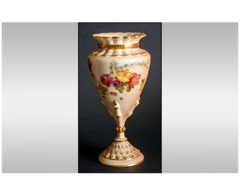 Royal Worcester Hand Painted Blush Ivory Vase of Good Quality, Decorated with Floral Images and Gold Borders. Date 1904. Prin