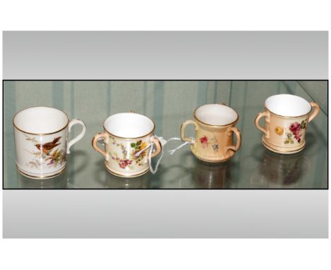 Royal Worcester Hand Painted Miniature Blush Ivory Two and Three Handle Cups ( 4 ) In Total. Each with Floral Decoration. Dat