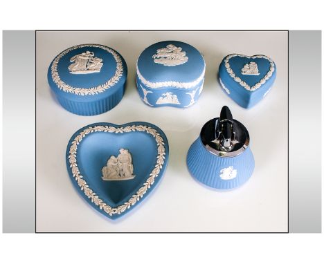 Wedgewood Jasper ware ( 5 ) Pieces In Total. 3 Lidded Trinket Boxes, 1 Heart Shaped Small Ring Tray, 1 Table Chrome Topped Ta