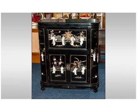 Black Lacquered Chinese Cocktail Cabinet onlaid with carved figures of Mother Of Pearl, depicting Chinese Women playing music
