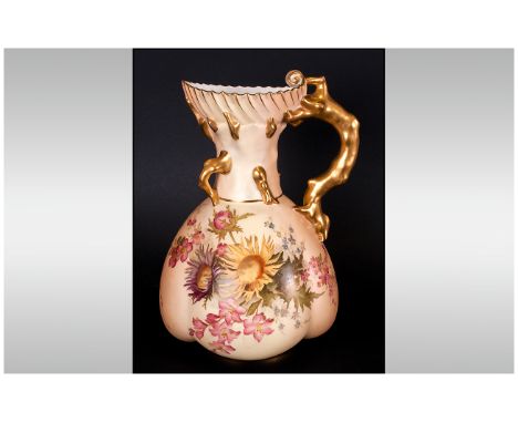 Royal Worcester Hand Painted Blush Ivory Jug, with Floral Decoration and Naturalistic Gold Leaf Handle. Date 1896. Stands 9 I