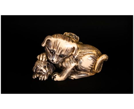 Japanese - Fine and Signed Late 19th Century Ivory Netsuke ' Mother Playing with Pups ' Signed to Base. 1.5 Inches High. Exce