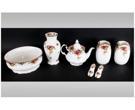 Royal Albert 'Old Country Roses' (7) pieces in total. Comprising teapot, pair of vases, pair of novelty shoe ornaments, singl