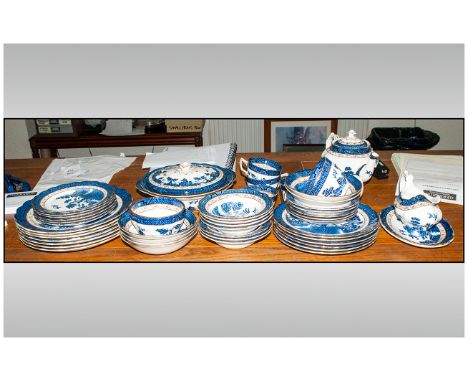 Blue Willow Pattern Dinner Service comprising (42) pieces approximately. Comprises tureens, dinner plates, teapot, gravy boat