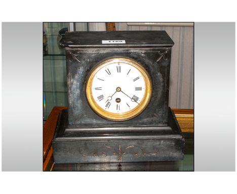Black Slate Mantle Clock, White Enamelled Dial With Roman Numerals, Plain Black Slate/Marble Case. 