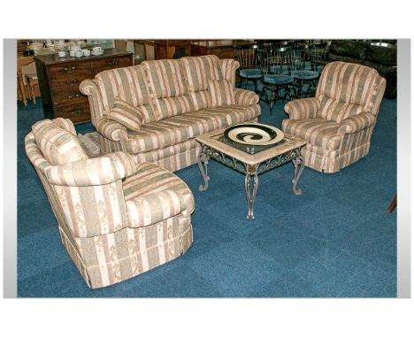 Traditional Three Pieces Suite Comprising Three Seater Sofa nad 2 single arm chairs. With removable cushions and scatter cush