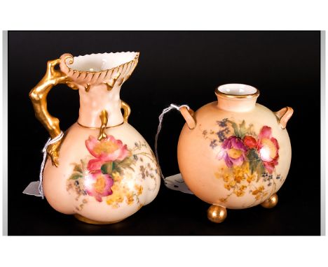 Royal Worcester Hand Painted Blush Ivory Vases, with Floral Decoration and Gold Handles and Borders. Dates 1904-1910. Both ar