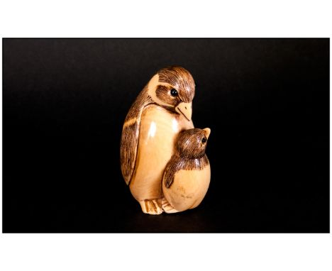 Japanese - Very Fine Late 19th Century Ivory Netsuke ' Mother and Baby Penguin'  Signed to Base. 1.5 Inches High. Excellent C