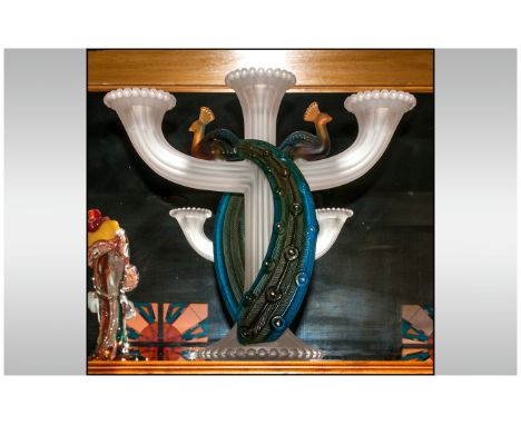 A Vintage 3 Branch Figural Peacock and Frosted Glass Candlestick In The 1920's Style. Unmarked. Stands 10.25 Inches High. 
