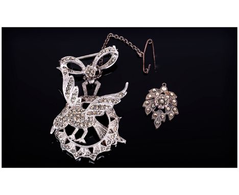 1920's - Fine Silver and Marcasite Bow Tie and Bird Set Pendant / Brooch of Good Quality. Marked Silver. 2 Inches High. 