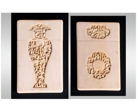 Chinese Ivory Canton Export Card Case, Of Very Fine Quality. Cartouches Carved With Traditional Chinese Figural Garden Scenes