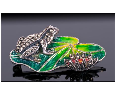 A Very Fine Vintage Silver and Enamel Brooch, In The Form of a Frog on a Leaf. The Frog Inlaid with Marcasites and Green Enam