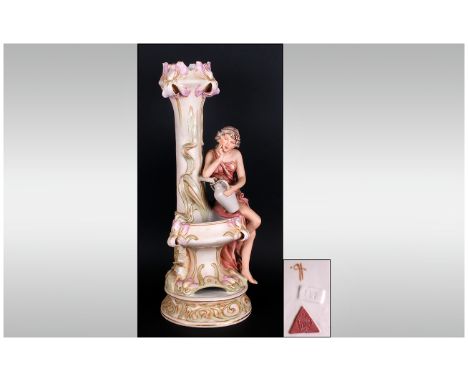 Royal Dux / Bohemia Art Nouveau - Very Fine and Impressive Figural Vase / Centre Piece. Features a Young Woman Holding a Jug 