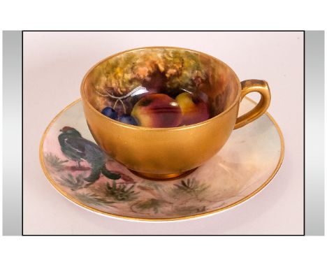 Royal Worcester Handpainted Miniature Matched Cup & Saucer, 'Fallen Fruits' Pattern, Date 1922. Signed Austin, 1.25'' in heig