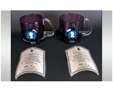 Wedgwood Limited Edition & Numbered Silver Jubilee 1952-1977 Pair Of Handmade Tankards in amethyst and clear glass. Bearing a