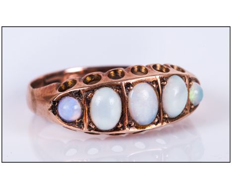 9ct Gold Opal Dress Ring, Set With Five Graduating Opals In A Gallery Mount, Fully Hallmarked For Birmingham u 1919, Ring Siz