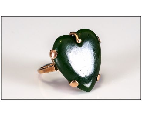 A Vintage 18ct Gold Set - Fine and Heart Shaped Jade Ring. Marked 18ct. 