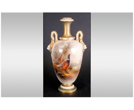 Royal Worcester Hand Painted and Signed Two Handle Mask Vase ' Pheasant In a Woodland Setting ' Date 1908. Stands 6 Inches Ta