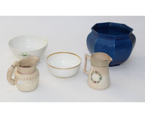 A mixed lot of five ceramic items to include a Royal Lancastrian planter with Celtic knots, a Victorian Royal Crown Derby bow