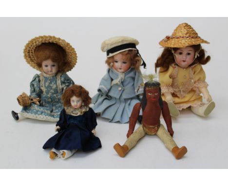 An early 20th century Heubach Kopplesdorf bisque head sailor girl, 20cm, two other German bisque head dolls and a clay modell