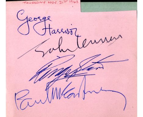 BEATLES THE:  An excellent vintage set of signatures by all four members of the English rock band of the 1960s individually, 