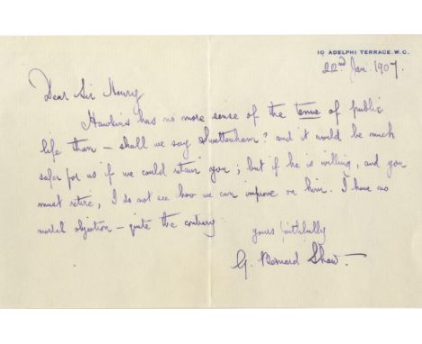 SHAW GEORGE BERNARD: (1856-1950) Irish Playwright, Nobel Prize winner for Literature, 1925. A.L.S., G. Bernard Shaw, one page