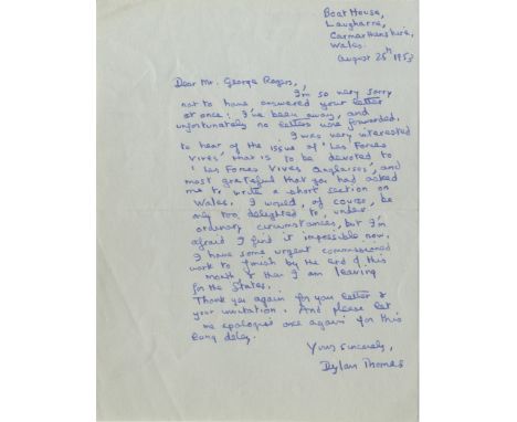 THOMAS DYLAN: (1914-1953) Welsh Poet.An interesting A.L.S., Dylan Thomas, one page, 8vo, Boat House, Laugharne, Carmarthenshi