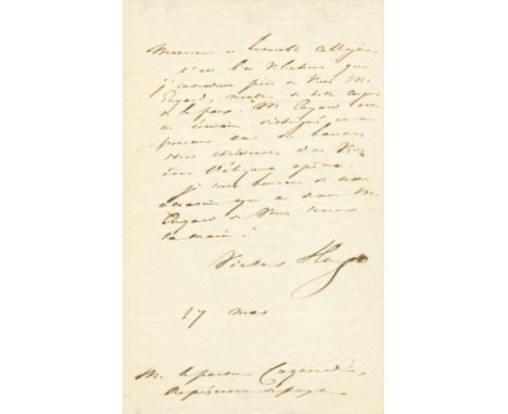 HUGO VICTOR: (1802-1885) French Poet and Novelist. A.L.S., Victor Hugo, one page, 8vo, 17th May [1849], to [Athanase Laurent 