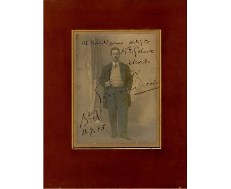 PUCCINI GIACOMO: (1858-1924) Italian Composer. A good, large signed and inscribed sepia 6.5 x 9 photograph of Puccini standin