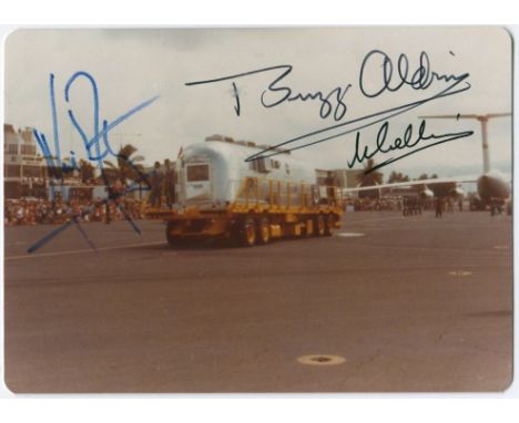 APOLLO XI:  A good signed colour 5 x 3.5 photograph by all three crew members of Apollo XI (1969) individually, comprising Ne