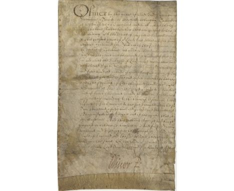 CROMWELL OLIVER: (1599-1658) Lord Protector of the Commonwealth of England, Scotland &amp; Ireland 1653-58.Portion of a D.S.,